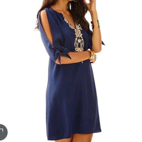 Lilly Pulitzer Bryce Dress 100% Silk Cold Shoulder Blue Size Small Embroidered - Picture 2 of 8